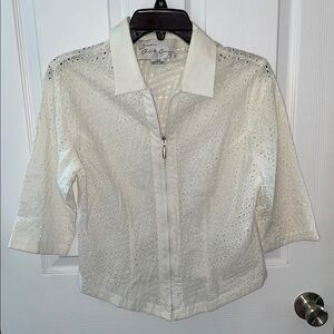 White allover eyelets zippered down top/jacket 3/4 sleeves